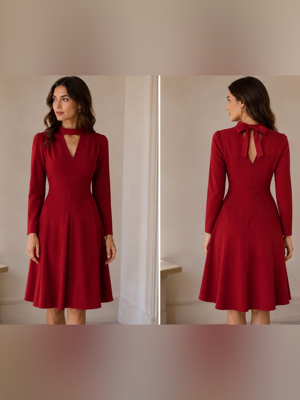 Lewit Red Bow Back V-Neck Long Sleeve Midi Dress Size 0 Elegant Evening